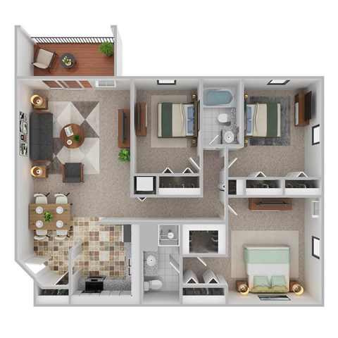 Floor plan for 3 beds, 2 baths, 1238 sqft